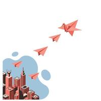 Red paper planes flying above stylized red city buildings with blue abstract background shapes symbolizing creativity and innovation in an urban setting vector