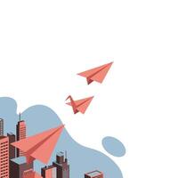 Three red paper airplanes flying above a modern cityscape with various tall buildings and a blue abstract shape in the background, symbolizing creativity and innovation vector