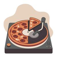 Creative illustration of a pizza slice playing a vinyl record on a vintage turntable with half pizza and half record design in a minimalist setting vector