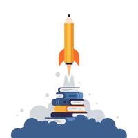 Illustration of a large yellow pencil rocket launching from a stack of colorful books with smoke and clouds surrounding the base, symbolizing knowledge and creativity taking flight vector