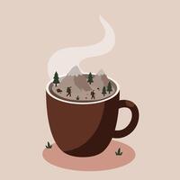 Illustration of a steaming brown coffee cup containing a miniature mountain landscape with hikers and pine trees inside, blending nature and beverage elements creatively vector