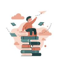 Young boy sitting on a tall stack of books launching a paper airplane surrounded by floating open books and soft clouds in a whimsical scene vector