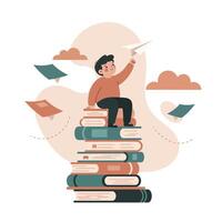 Young boy sitting on a tall stack of books holding a paper airplane while colorful papers float around in a playful, imaginative setting vector