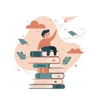 Young boy sitting on a tall stack of colorful books while launching a paper airplane, surrounded by abstract clouds and leaves in a calm setting vector