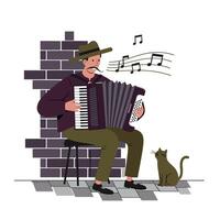 Man wearing hat and casual clothes playing accordion seated on stool against brick wall with cat listening attentively on tiled floor vector