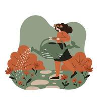 Young girl with flower crown watering bright flowers using a large green whale-shaped watering can in a garden with autumn-colored bushes and stepping stones vector