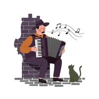 Man wearing hat and suspenders playing accordion while seated on brick steps with attentive cat nearby in quiet outdoor setting vector