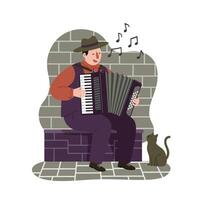 Man wearing hat and vest playing accordion while seated on stone bench near brick wall with cat watching attentively vector