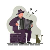Man wearing a hat and dark clothing playing an accordion while seated on a brick ledge with a curious cat watching nearby in a simple outdoor setting vector
