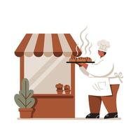 Chef in white uniform and hat presenting freshly baked bread outside a small bakery stall with striped awning and potted plant, warm inviting atmosphere vector