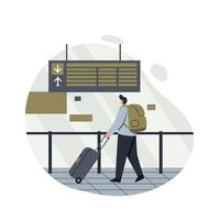Male traveler with backpack and rolling suitcase walking through airport terminal toward departure gate under digital flight information display vector