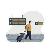 Young man walking through airport terminal pulling black rolling suitcase under flight information display board vector