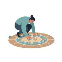 Woman crouching creating colorful mandala art on circular surface flat minimal illustration vector