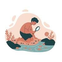 Young boy exploring freshwater stream with magnifying glass in minimal flat nature scene illustration vector