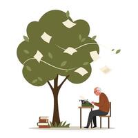 Elderly man typing on vintage typewriter under leafy tree with flying papers in minimal flat style illustration vector