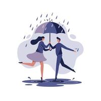 Couple sharing umbrella in rain with joyful expressions minimal flat design illustration vector