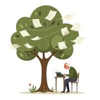 Elderly man typing on vintage typewriter under leafy green tree with flying papers in minimal flat design illustration vector