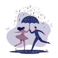 Couple dancing and sharing umbrella under rain with joyful expressions in flat style illustration vector