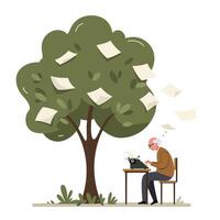 Elderly man typing on vintage typewriter under leafy tree with scattered paper in minimal flat style illustration vector