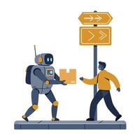Robot delivering package to man on sidewalk near directional signs in flat modern style illustration vector