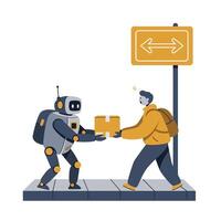 Robot delivering package to a man on sidewalk with directional sign flat modern illustration vector