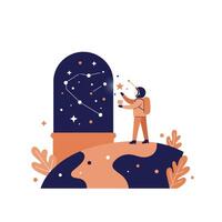 Astronaut exploring star constellation in flat minimalist space design with orange and navy colors illustration vector