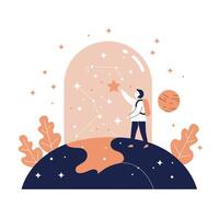 Man exploring star constellation with planet background and leafy plants in minimal flat style illustration vector