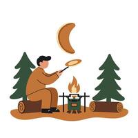 Man cooking pancakes over campfire in forest setting with pine trees flat minimal illustration vector