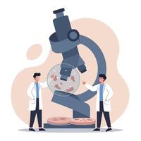 Two scientists examining bacteria sample under large microscope in modern flat design illustration vector