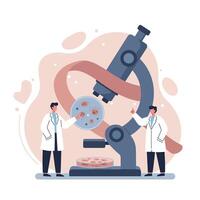 Two scientists examining bacteria and cells through a large microscope with flat design style illustration vector