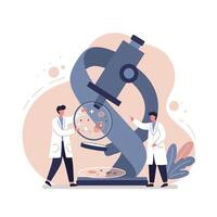 Two scientists examining bacteria culture through large microscope in flat modern art vector