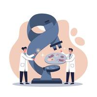 Two scientists examining microorganisms under a large microscope in a clean lab setting flat design illustration vector