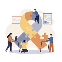 Diverse people collaborating to assemble large puzzle pieces in modern flat design for teamwork and problem solving illustration vector