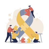 Group of people assembling large awareness ribbon puzzle in flat design style collaborative teamwork illustration vector