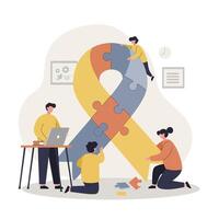 Team of diverse people assembling large multicolored puzzle ribbon in modern flat design illustration vector