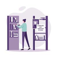 Woman browsing books in modern flat style library near survivor stories display illustration vector