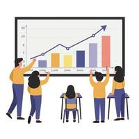 Group of people analyzing colorful bar chart with upward trend in flat style illustration vector