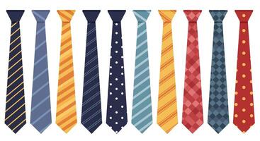 Collection of striped and patterned neckties in flat design with various colors and textures casual and formal art vector