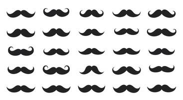 Collection of various black mustache styles in simple flat design with diverse shapes and curls arranged in rows illustration vector