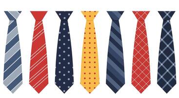 Collection of colorful patterned mens neckties in flat design style with stripes dots and checkers illustration vector