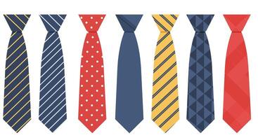 Seven assorted mens neckties in flat design style featuring stripes, polka dots, geometric patterns, and solid colors illustration vector