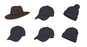 Collection of various hat styles including brown fedora, black baseball caps, and knitted beanies in flat design illustration vector