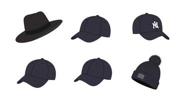 Collection of various mens hats including fedora and baseball caps in flat minimal style illustration vector