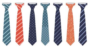 Collection of colorful mens neckties with various geometric patterns flat design illustration vector