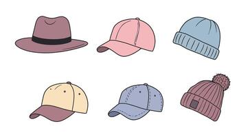 Collection of casual hats with various styles in flat minimal design isolated on white background illustration vector