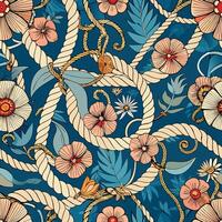 Seamless Summer Marine Pattern Adorned with Anchors Rope and Floral Elements vector