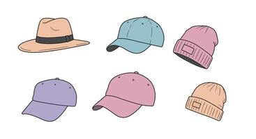 Collection of six diverse casual hats in pastel colors flat style art vector