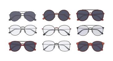 Collection of diverse eyeglasses and sunglasses with various frame shapes and colors in flat design style illustration vector