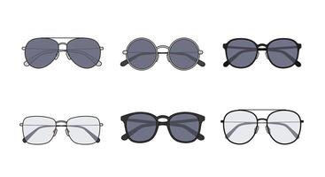 Six different styles of eyeglasses and sunglasses in minimal flat design with various frame shapes and lens tints art vector
