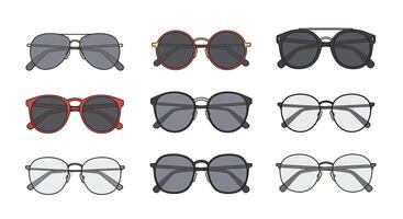Various stylish eyeglasses and sunglasses collection in flat modern design with different shapes and frame colors illustration vector